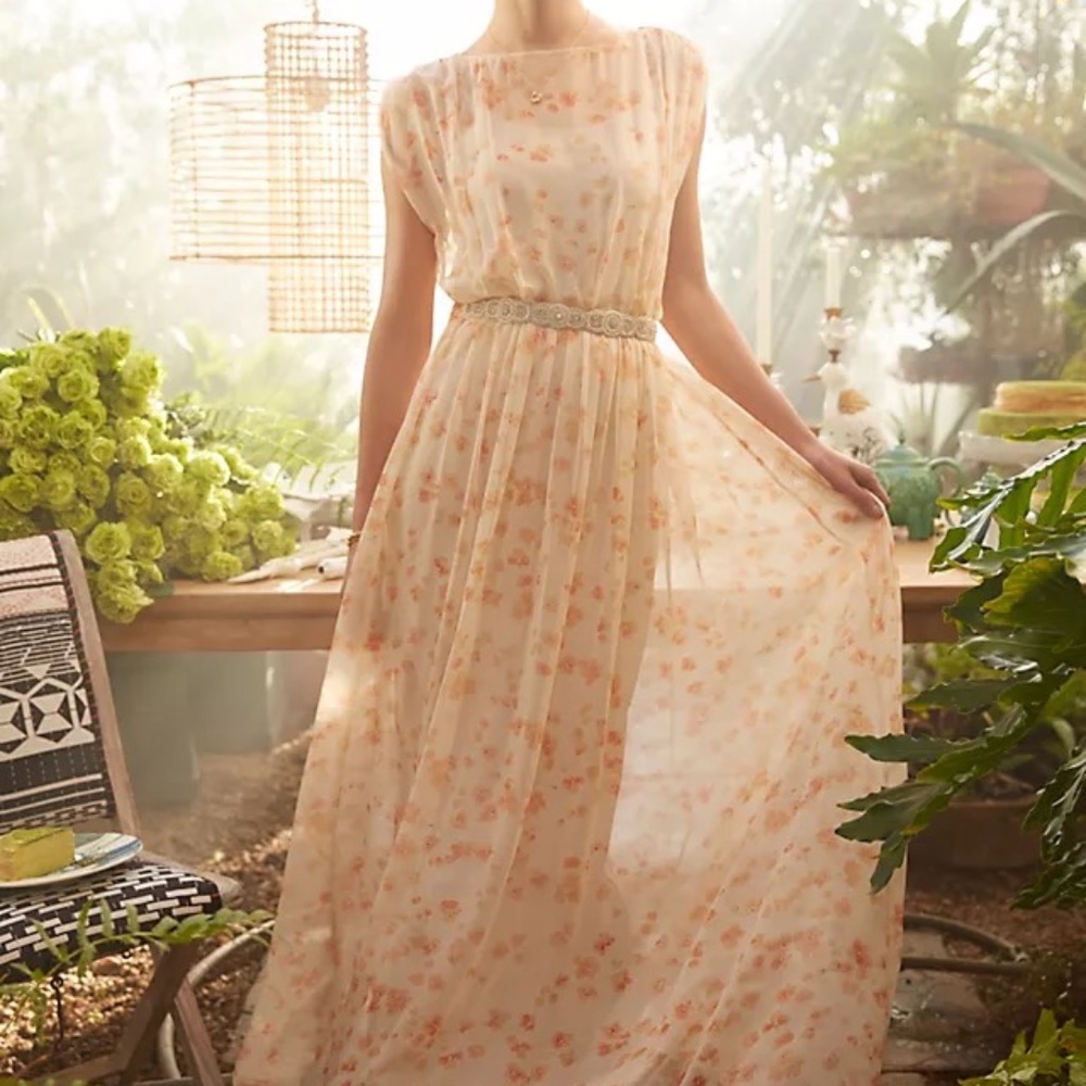Anthropologie Paper Crown Peach Blossom Maxi Dress